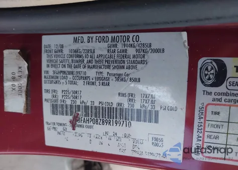 2009 Ford Fusion Sel из США, поврежденный, VIN 3FAHP08Z89R199710